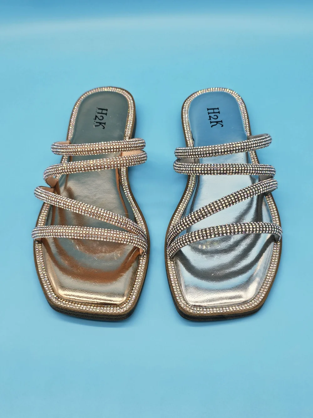 Women's Metallic Rhinestone Strap Slide Sandals - Rose Gold